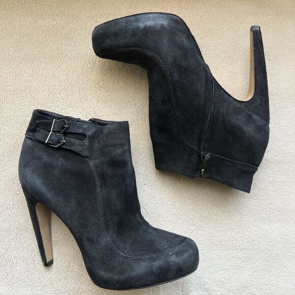 Sam Edelman Black Kit Suede Heeled  Ankle Booties Women 8 M Double Side Buckle - Picture 1 of 16